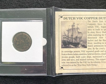 First New York Penny VOC Copper Coin 1700's - COA and History and Holder Included