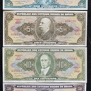 Brazil 4 Banknotes Set 2 Cruzados 1954 - 1958, 5 Cruzeiros 1962, 10 Cruzeiros 1953 - 1960, 5C / 50 Cruzeiros 1966 - 67 UNC World Banknotes