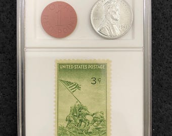 WWII Memorabilia – 1945 Stamp, 1943 Steel Penny & WWII Token in Display Holder