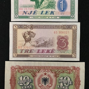 Albania 3 Banknotes Set 1 Leke 1976, 3 Leke 1976, 10 Leke 1957 UNC World Banknotes