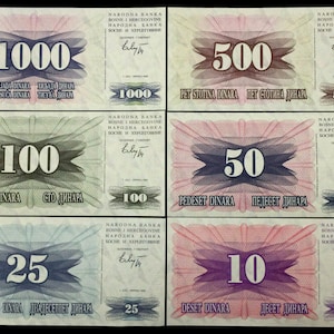 Bosnia & Herzegovina 6 Banknotes Set  1000,500,100,50,25,10 Dinara 1992 UNC World Banknotes