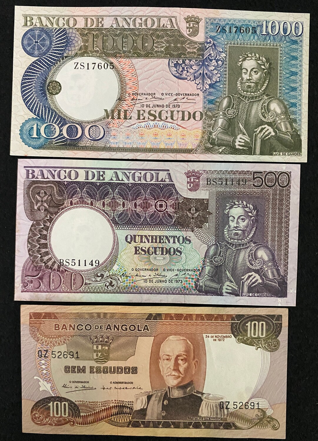 Angola 3 Banknotes Set 100 Escudos 1972, 500 Escudos 1973, 1000 Escudos ...