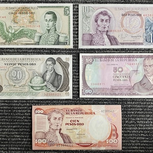 Colombia 5 Banknotes Set 5 Peso 1973, 10 Peso 1980, 20 Pesos 1983, 50 Pesos 1986, 100 Peso 1991 UNC