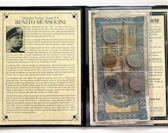 Benito Mussolini: Dictador de Italia en la Segunda Guerra Mundial. Conjunto de 5 monedas y 2 billetes, 1939-1943. Incluye certificado de autenticidad, historial, soporte y álbum.