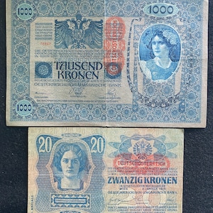 Austria 2 Banknotes Set 1000 Kronen 1902 and 20 Krone 1913 Circulated World Banknotes