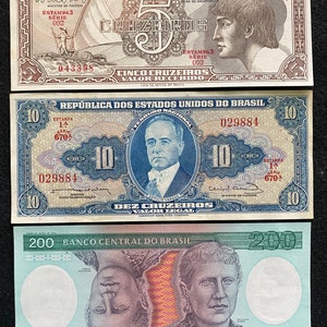 Brazil 3 Banknotes Set 5 Cruzeiros 1961 - 1962, 10 Cruzeiros 1961 - 1963, 200 Cruzeiros 1984, UNC World Banknotes