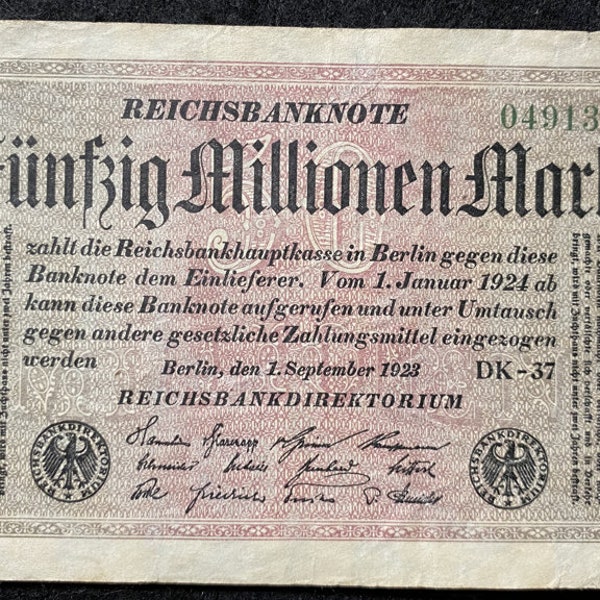 Germany 50,000,000 Mark 1923 Post WWI Hyperinflation Era 100 Yrs Old Banknote