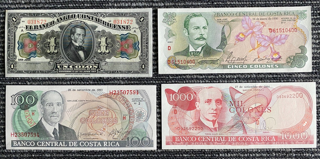 Costa Rica 4 Banknotes Set 1 Colon 1917, 5 Colones 1992, 100 Colones ...