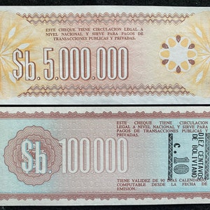 Bolivia 2 Banknotes Set 10 Centavos/100,000 Pesos Bolivianos 1984 &  5000,000 Pesos Bolivianos 1985 UNC World Banknotes