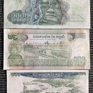 Cambodia 3 Banknotes Set 100, 500,1000 Riels 1970s UNC