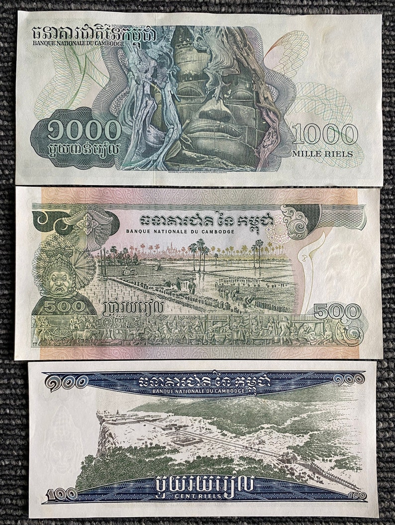 Cambodia 3 Banknotes Set 100, 500,1000 Riels 1970s UNC