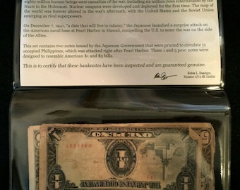 Pearl Harbor WWII: Japanese Occupation 1 and 5 Pesos and COA With History