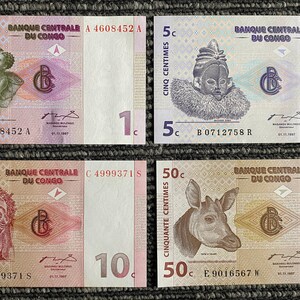 Congo 4 Banknotes Set 50, 10, 5, 1 Centime 1997 UNC
