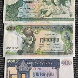 Cambodia 3 Banknotes Set 100, 500,1000 Riels 1970s UNC