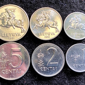 Lithuania 3 Coins Set 1, 2, 5 Centai UNC World Coins Year 1991