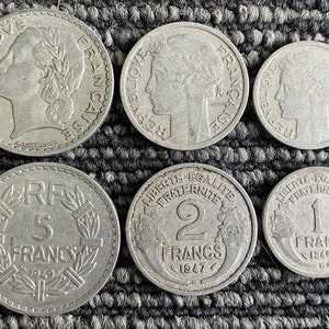 France 3 Coins Set 1, 2, and 5 Francs WWII Era Coins Circulated Random Year 1946-1959
