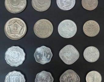 Pakistan 8 Coin Type Set – 1 & 5 Rupees with Complete Paisa Denominations – Vintage Circulated Pakistani Coin Collection