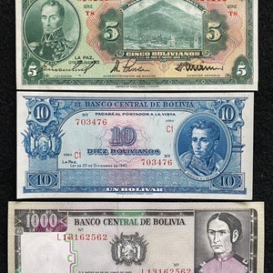 Bolivia 3 Banknotes Set 5 Bolivianos 1928, 10 Bolivianos 1945, 1000 Pesos Bolivianos 1982 UNC World Banknotes