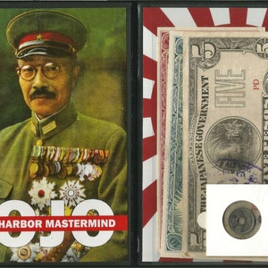 May include: A vintage-style collectible card featuring a portrait of Hideki Tojo, a Japanese military leader, with the text "東條英機" and "PEARL HARBOR MASTERMIND". The card also includes a Japanese flag and a vintage Japanese government five peso note.