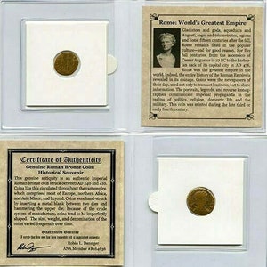Authentic Ancient Rome Bronze Coin AD 240-410 - COA and History and Mini Album Included.