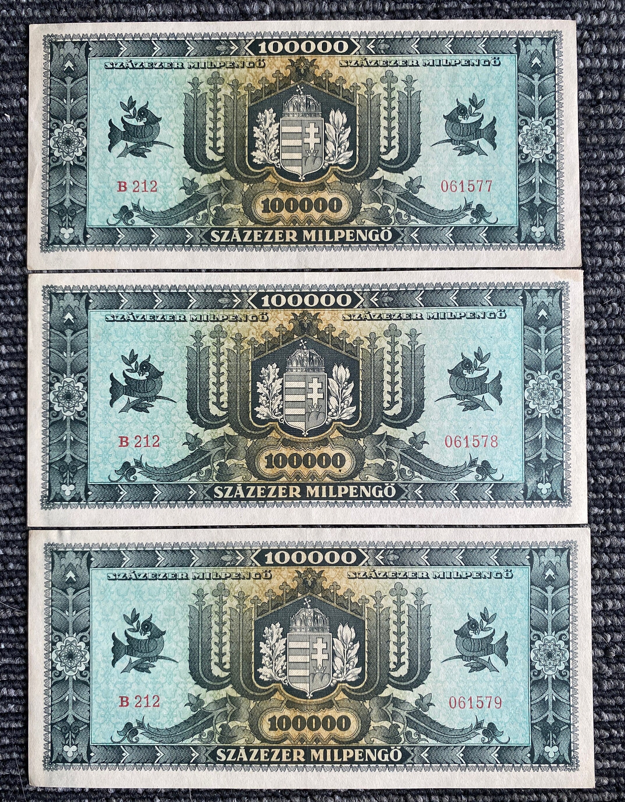 Hungary 100 000 Milpengo 1946 P-127 AUNC THREE Bills