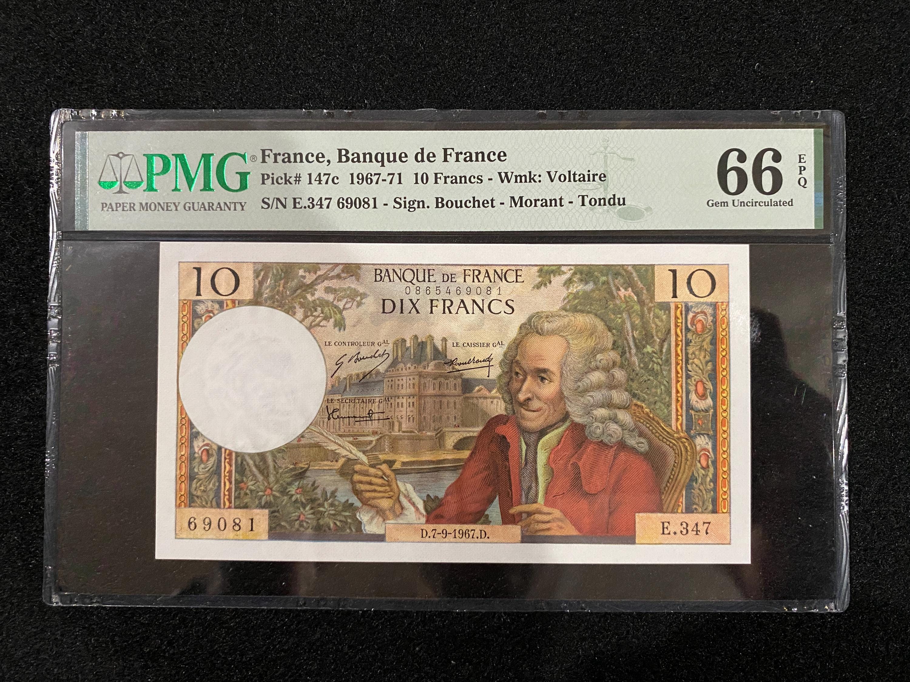 France Banque De France 10 Francs 1967-71 Pick#147c PMG 66 EPQ Gem UNC