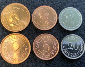 Mauritius 3 Coins Set 2, 5, 20 Cents UNC World Coins Year 1978 and 1999