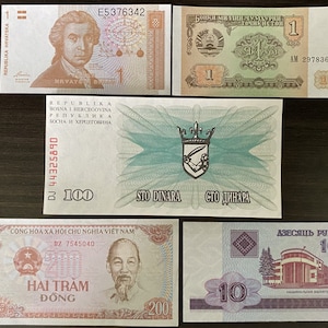World Banknote Lot of 5 Countries Croatia, Bosnia & Herzegovina, Tajikistan, Belarus and , Vietnam - All 20 Years Old UNC