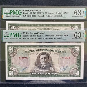 Chile Sequential Set of TWO 50 Escudos 1962-75 PMG 63 EPQ Unc Banknotes