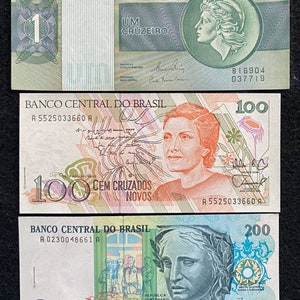 Brazil 3 Banknotes Set 1 Cruzerios 1980, 100 Cruzados 1989, 200 Cruzeiros 1990 UNC World Banknotes