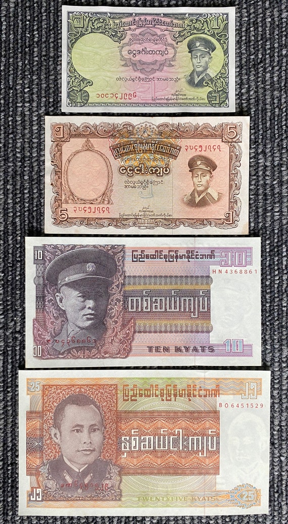 コレクション Vintage Myanmar banknotes Burma 4 Banknotes Set 1 Kyat 1958, 5 Kyats 1958, 10 Kyats 1973