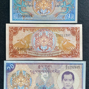 Bhutan  3 Banknotes Set 1 Ngultrum 1985, 5 Ngultrum 1990, 10 Ngultrum 2000 UNC World Banknotes