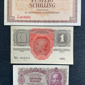 Austria 3 Banknotes Set WWII 50 shillings 1944, 1 Krone 1916, 20 Kronen 1922 UNC World Banknotes
