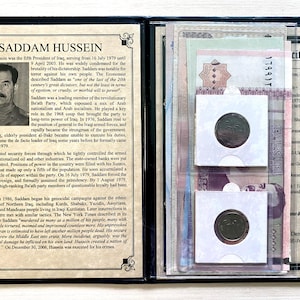 Saddam Hussein: Dictator Of Iraq Set Of 2 Coins And 7 Banknotes COA and History and Holder and Album Included