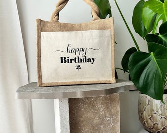 Jutetasche „happy Birthday“  Geburtstagsgeschenk, Kollegin, Freund:in, Schriftzug,originell, Wein, Einkaufstasche, Jute, Baumwolle, befüllen