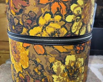 Vintage 60's Fall Floral Bagmaster Hat Box Carry Case Zipper MOD MCM Retro Round Wig Box .