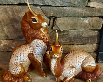 Windstone Editions 1993 Pena Father and Mother Gold Horned Ki-Rin Kirin  Asian Dragons/ Unicorns
