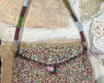 Vintage Tiny Beaded Glass Multicolor seed bead purse READ