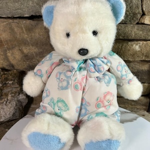 Vintage Carters Prestige Teddy Bear Plush 10” White Pastel PJs Baby Blue Rattle