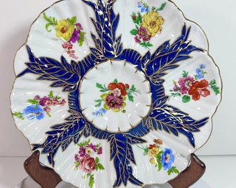 Limoges Oyster Plate Cobalt Blue with beautiful floral and gold accents