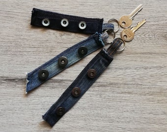 Upcycled Denim Keyring, Jeans Button Key Fob, Handmade recycled Key Chain. Unique Sustainable House / Car Key / bag charm, denim lovers gift
