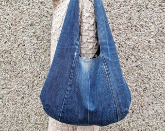 Slouchy denim hobo shoulder bag, sustainable recycled blue jeans bag, casual everyday shopper, minimalist eco friendly upcycled handbag