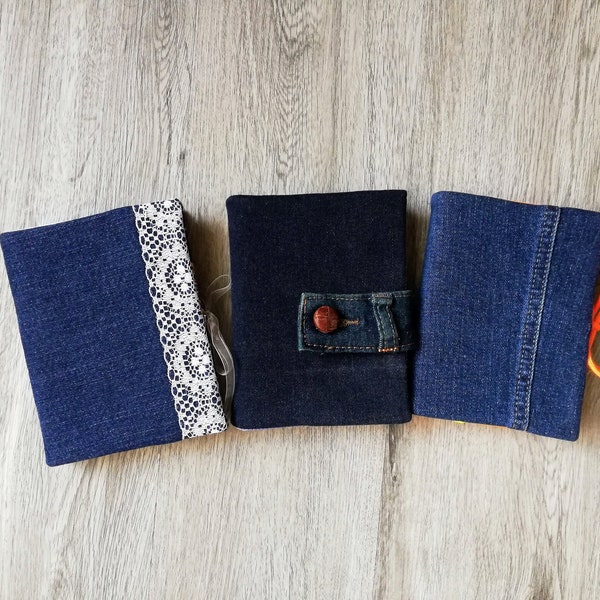 Reusable denim book cover upcycled jeans A6 notebook, refillable recycled journal sleeve, sustainable dust jacket, unique stationery gift