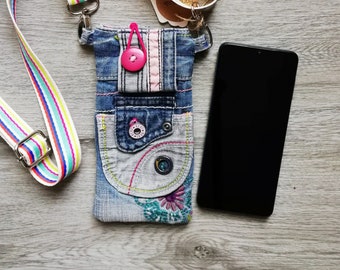 Upcycled denim bag, mini phone crossbody bag, small jeans mobile belt/hip bag,