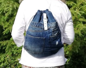 Denim drawstring bag/ backpack, upcycled jeans unisex gym bag with multiple pockets, unique everyday recycled rucksack,