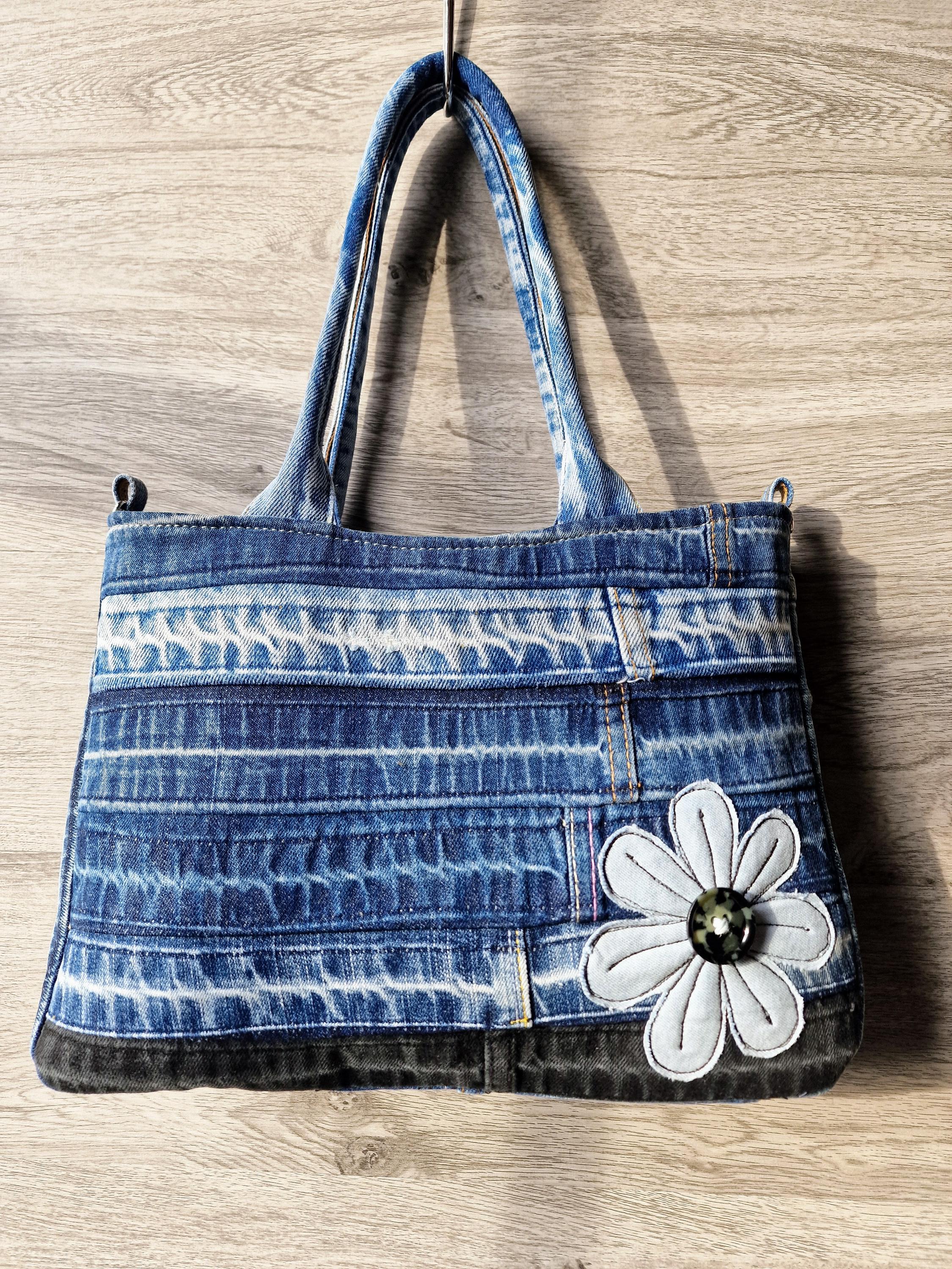 Small Denim Floral Tote Bag, Upcycled distressed Blue Jeans Handbag, Unique  Handmade Purse with Interior Denim Lovers Gift