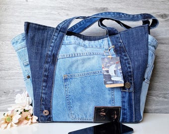 Patched Shopper Bag, Upcycled Denim Bag, Upcycled Denim
