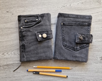 Denim Fabric Book Cover + A5 Notebook, Upcycled Jeans A5 journal protector, Upcycled sustainable stationary gift with usable pockets.