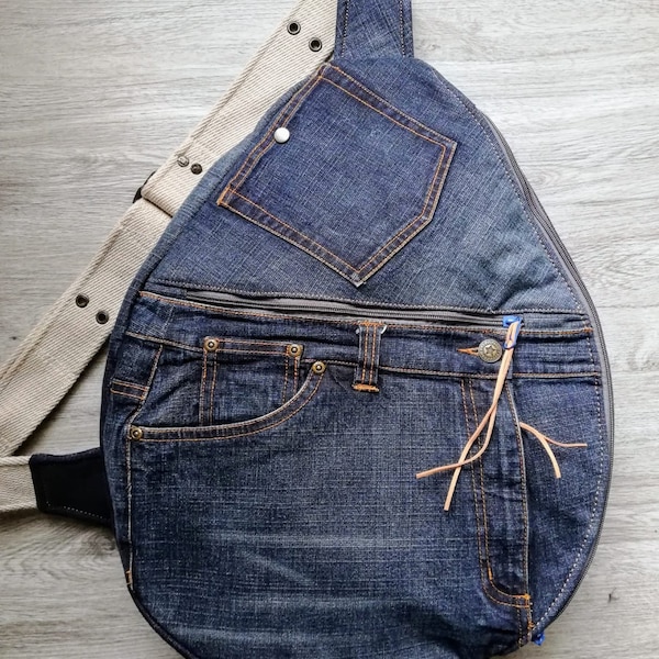 Denim crossbody sling backpack bag, large upcycled jeans pocket chest bag, one of a kind large unisex slip rucksack, denim lovers gift