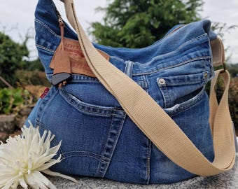 Denim Crossbody Slouchy Hobo Bag, Upcycled Blue Jeans Shoulder bag, Zip Close. Unique Women&#39;s Multi Pocket Handbag. Eco Friendly Gift